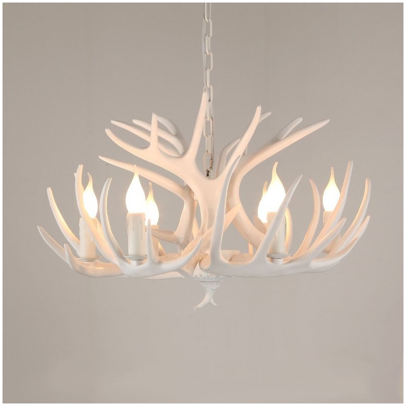Lampadario rustico retrò corna di cervo bianco 6 luci E14