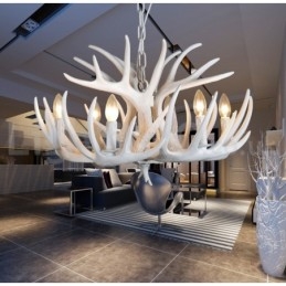 Lampadario rustico retrò corna di cervo bianco 6 luci E14