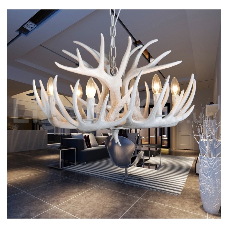 Lampadario rustico retrò corna di cervo bianco 6 luci E14