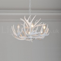 Lampadario rustico retrò corna di cervo bianco 6 luci E14