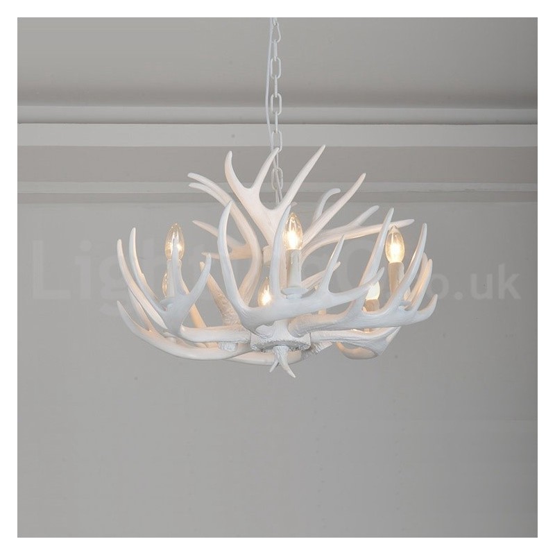 Lampadario rustico retrò corna di cervo bianco 6 luci E14