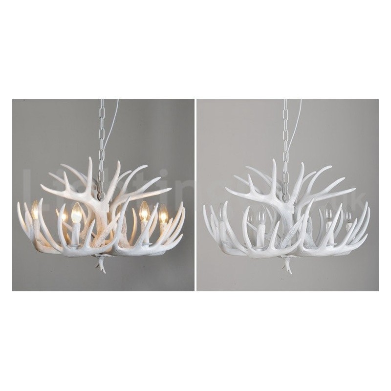 Lampadario rustico retrò corna di cervo bianco 6 luci E14