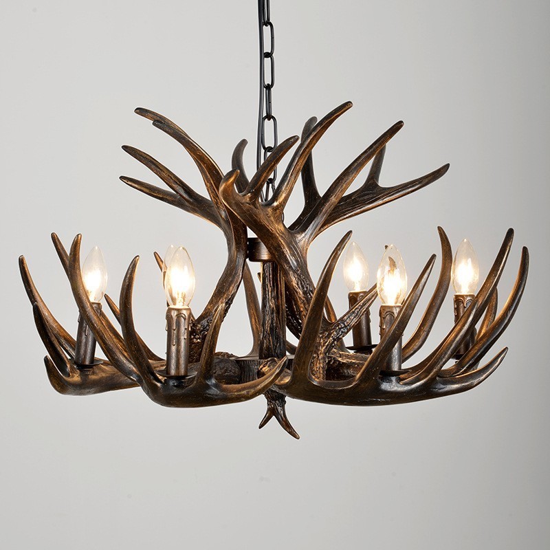 Lampadario rustico retrò nero in corna di cervo a 6 luci E14