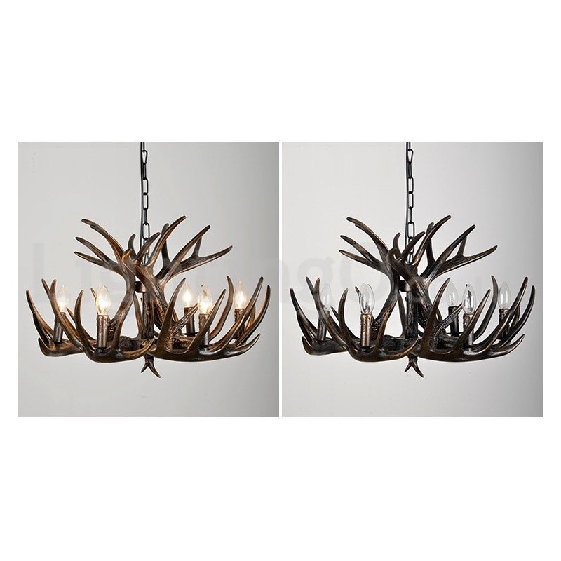 Lampadario rustico retrò nero in corna di cervo a 6 luci E14