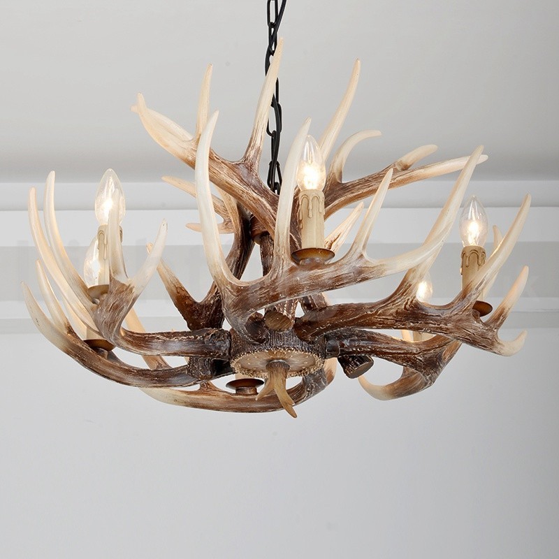 Lampadario rustico vintage in corna di cervo a 6 luci E14