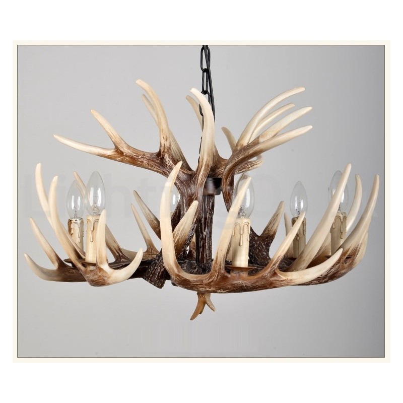 Lampadario rustico vintage in corna di cervo a 6 luci E14