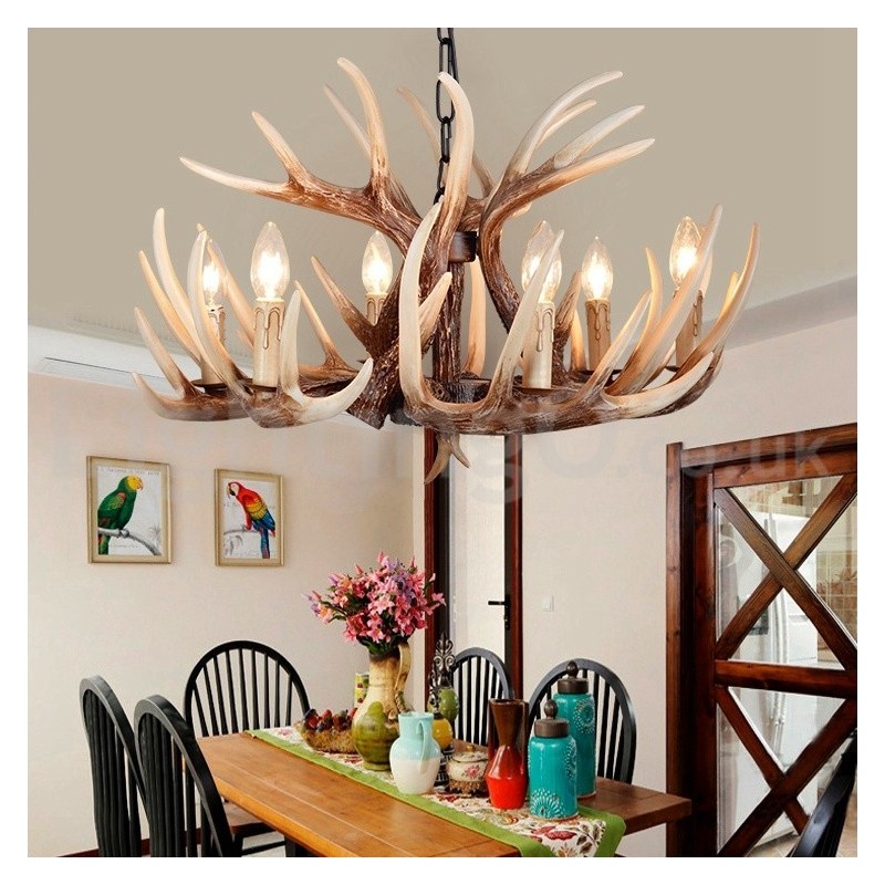 Lampadario rustico vintage in corna di cervo a 6 luci E14