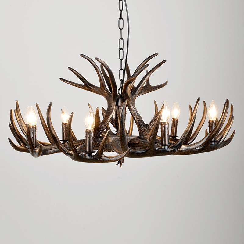 Lampadario rustico retrò nero in corna di cervo a 9 luci E14