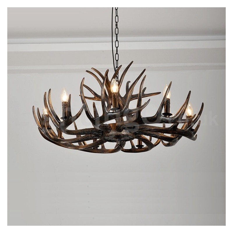 Lampadario rustico retrò nero in corna di cervo a 9 luci E14