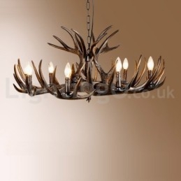 Lampadario rustico retrò nero in corna di cervo a 9 luci E14