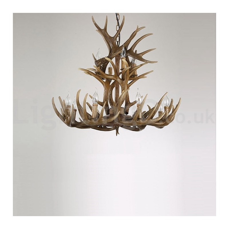 Lampadario rustico vintage in corna di cervo, 12 luci, 2 cravatte, E14, 80 cm