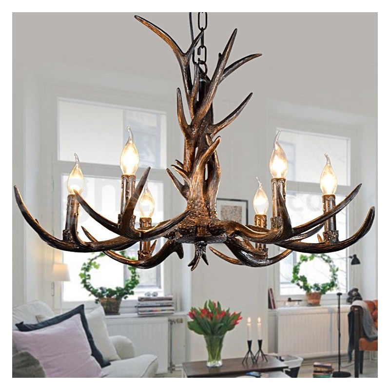 Lampadario rustico vintage artistico a 6 luci in corna di cervo nere