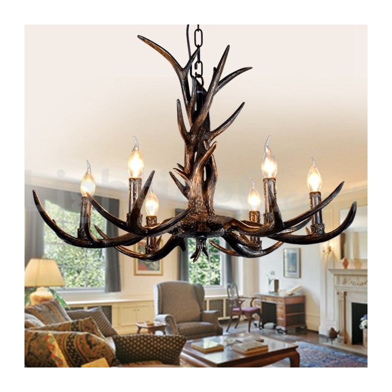 Lampadario rustico vintage artistico a 6 luci in corna di cervo nere