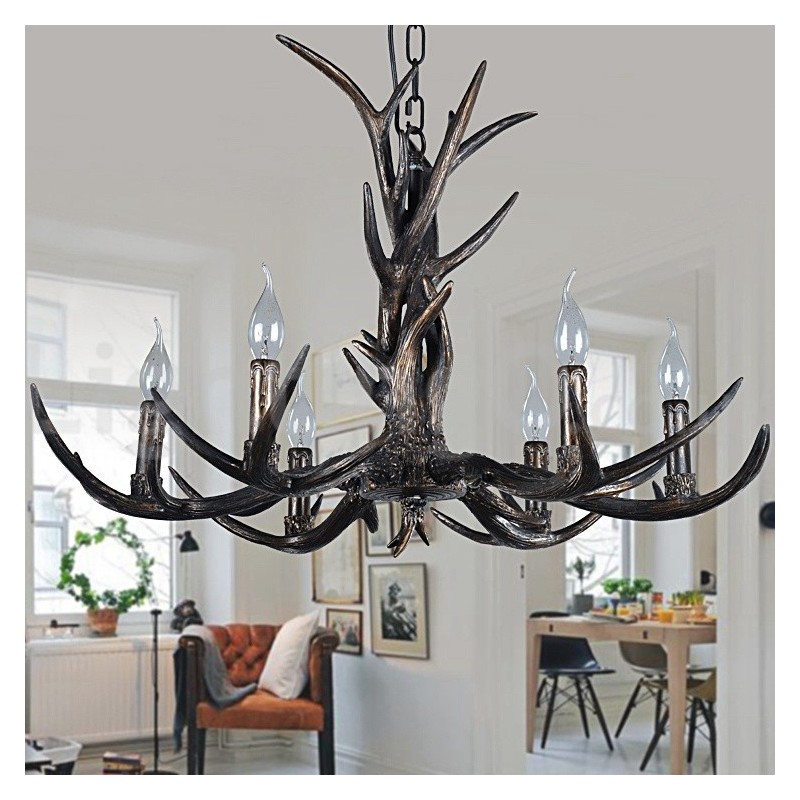 Lampadario rustico vintage artistico a 6 luci in corna di cervo nere