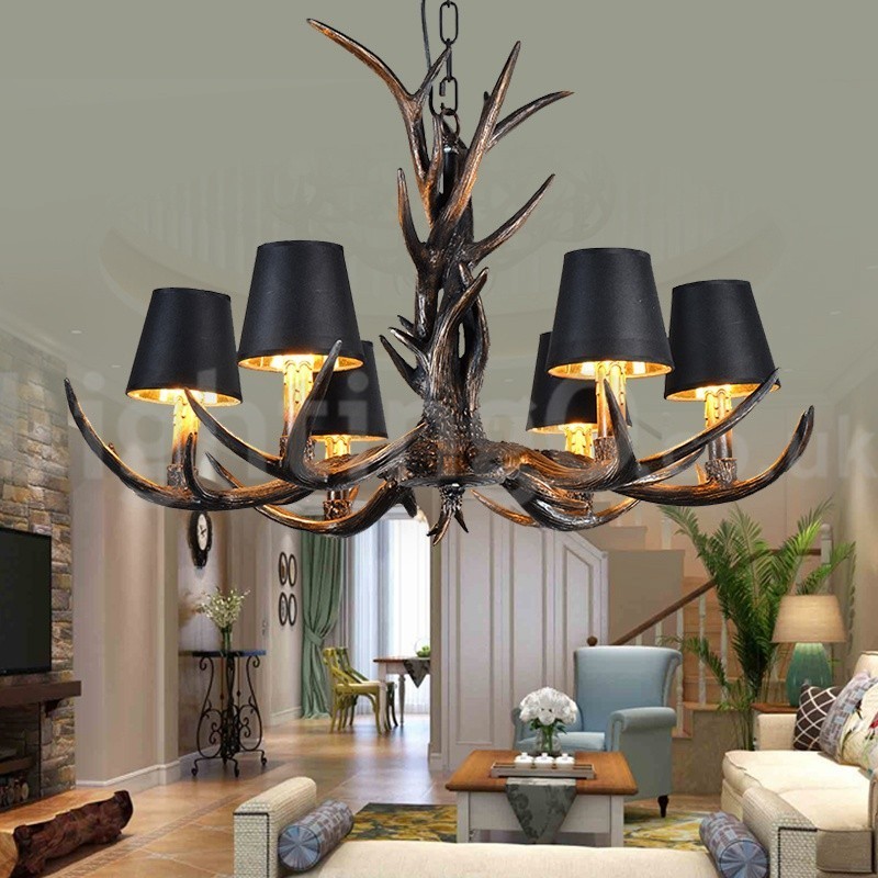 Lampadario rustico vintage artistico a 6 luci in corna di cervo nere
