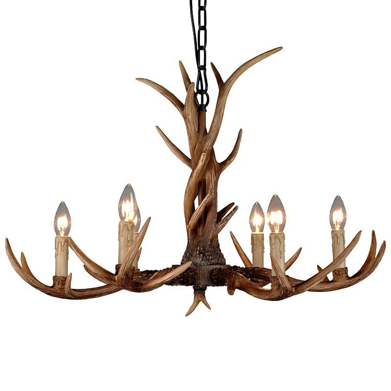 Lampadario rustico vintage a corna di cervo 6 luci E14 resina