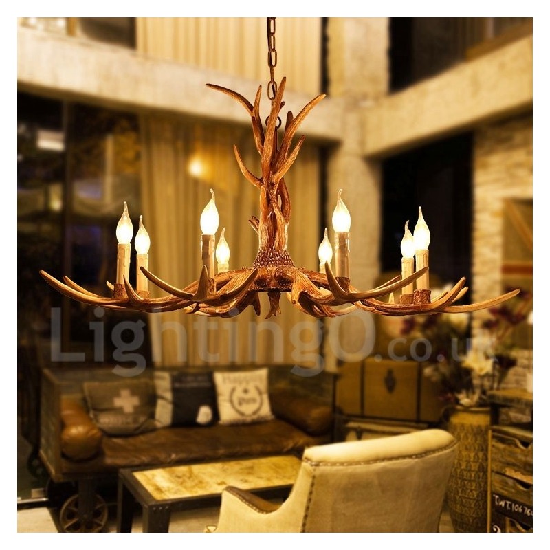 Lampadario rustico vintage in corna di cervo a 8 luci, attacco E14, Ø 77 cm
