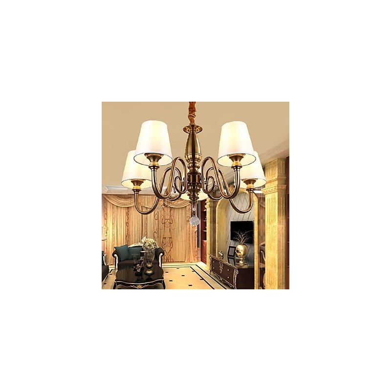 Lampadario moderno contemporaneo in metallo giallo con paralume in tessuto bianco, 37 cm