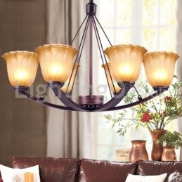 Lampadario rustico in acciaio inox con paralumi in vetro 6 lampadine E14 Ø 75 cm