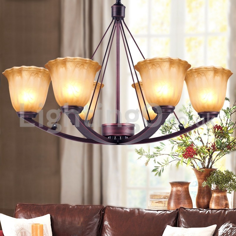 Lampadario rustico in acciaio inox con paralumi in vetro 6 lampadine E14 Ø 75 cm