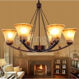 Lampadario rustico in acciaio inox con paralumi in vetro 6 lampadine E14 Ø 75 cm