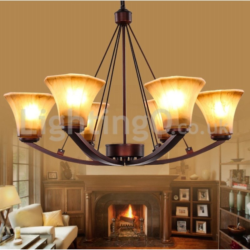 Lampadario rustico in acciaio inox con paralumi in vetro 6 lampadine E14 Ø 75 cm