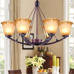 Lampadario rustico in acciaio inox con paralumi in vetro 6 lampadine E14 Ø 75 cm