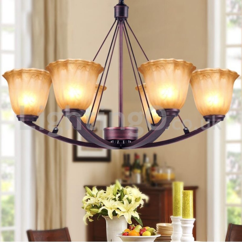 Lampadario rustico in acciaio inox con paralumi in vetro 6 lampadine E14 Ø 75 cm