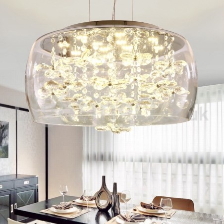 Lampada a sospensione rotonda in vetro trasparente e cristallo, 4 luci, 40/50 cm