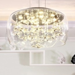 Lampada a sospensione rotonda in vetro trasparente e cristallo, 4 luci, 40/50 cm