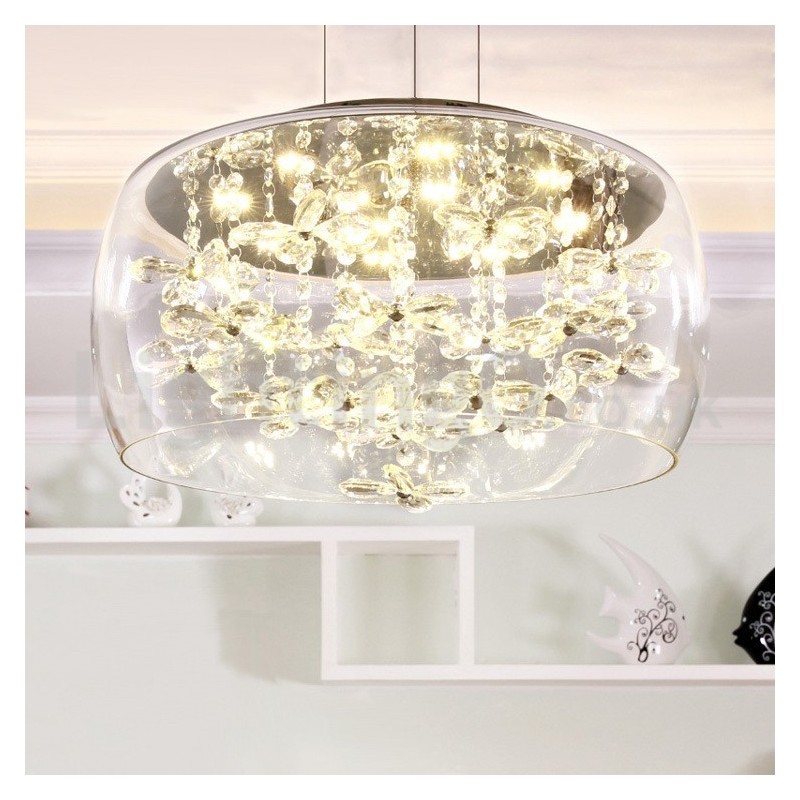 Lampada a sospensione rotonda in vetro trasparente e cristallo, 4 luci, 40/50 cm