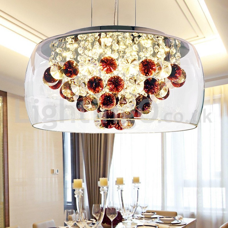 Lampada a sospensione rotonda in vetro trasparente e cristallo, 4 luci, 40/50 cm