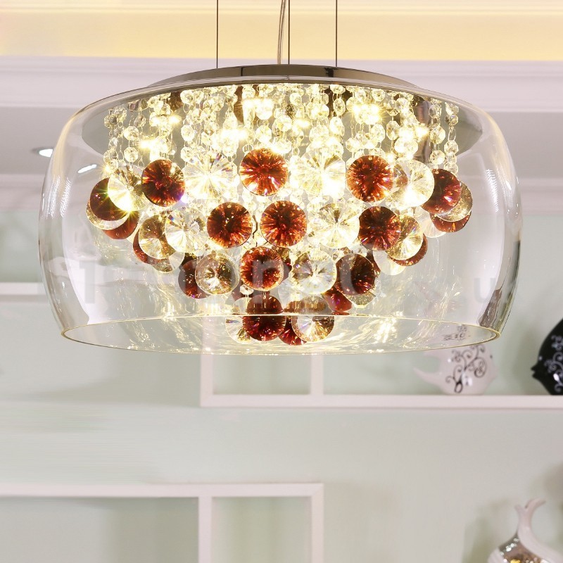 Lampada a sospensione rotonda in vetro trasparente e cristallo, 4 luci, 40/50 cm