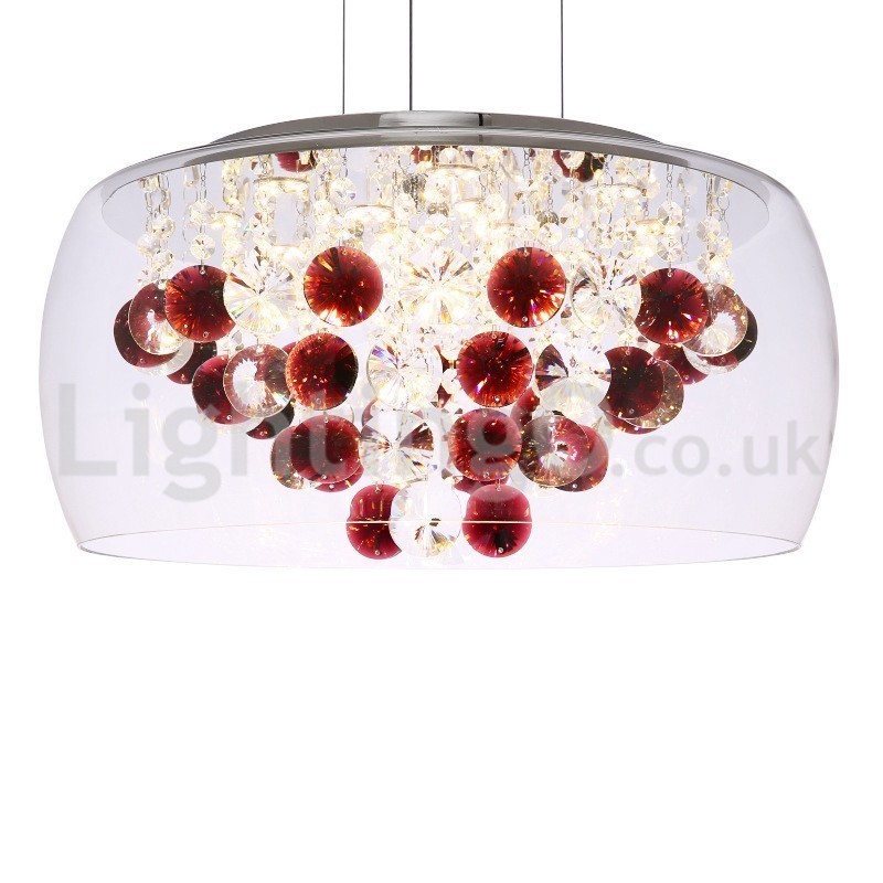 Lampada a sospensione rotonda in vetro trasparente e cristallo, 4 luci, 40/50 cm