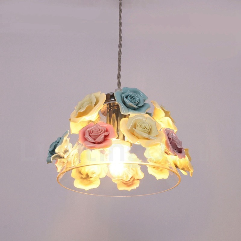Lampada a sospensione in vetro e ceramica Macaron con fiori multicolori, E27, Ø22 cm
