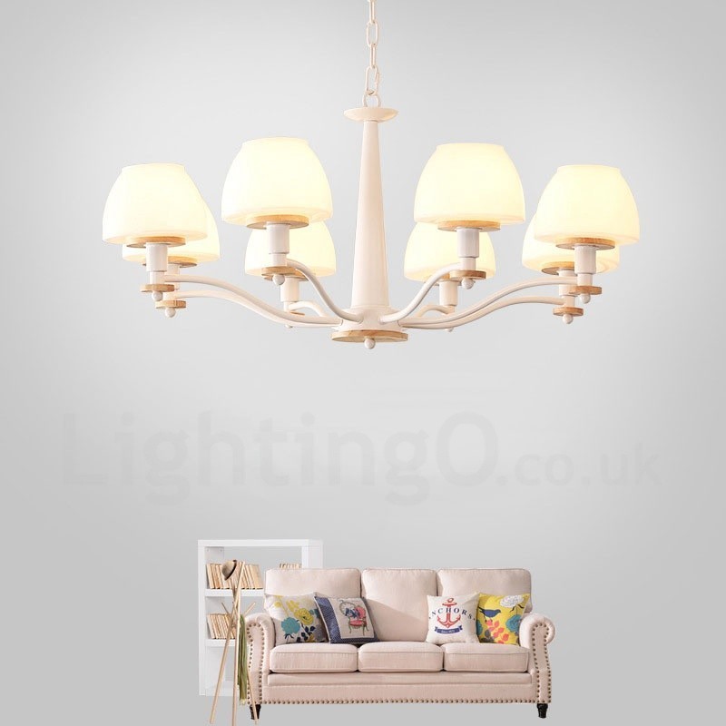 Lampadario a sospensione in legno multicolore stile nordico con paralumi in vetro, 6 o 8 luci E14