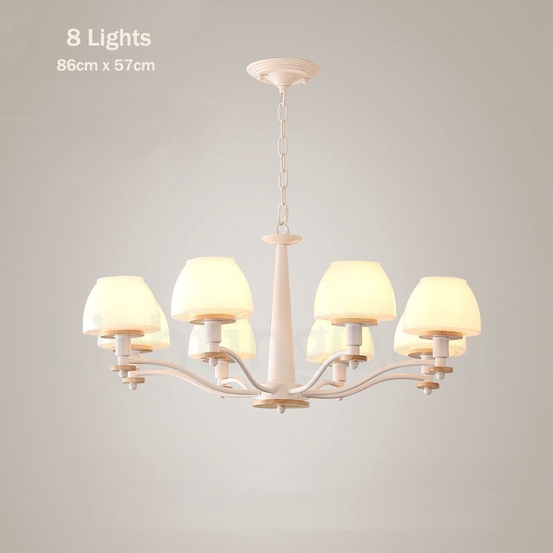 Lampadario a sospensione in legno multicolore stile nordico con paralumi in vetro, 6 o 8 luci E14