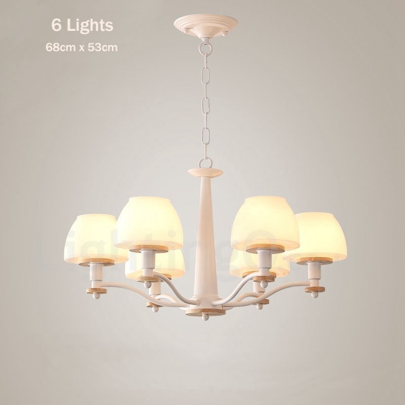 Lampadario a sospensione in legno multicolore stile nordico con paralumi in vetro, 6 o 8 luci E14
