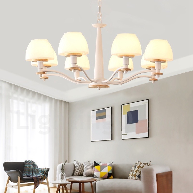 Lampadario a sospensione in legno multicolore stile nordico con paralumi in vetro, 6 o 8 luci E14