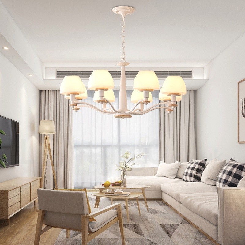 Lampadario a sospensione in legno multicolore stile nordico con paralumi in vetro, 6 o 8 luci E14
