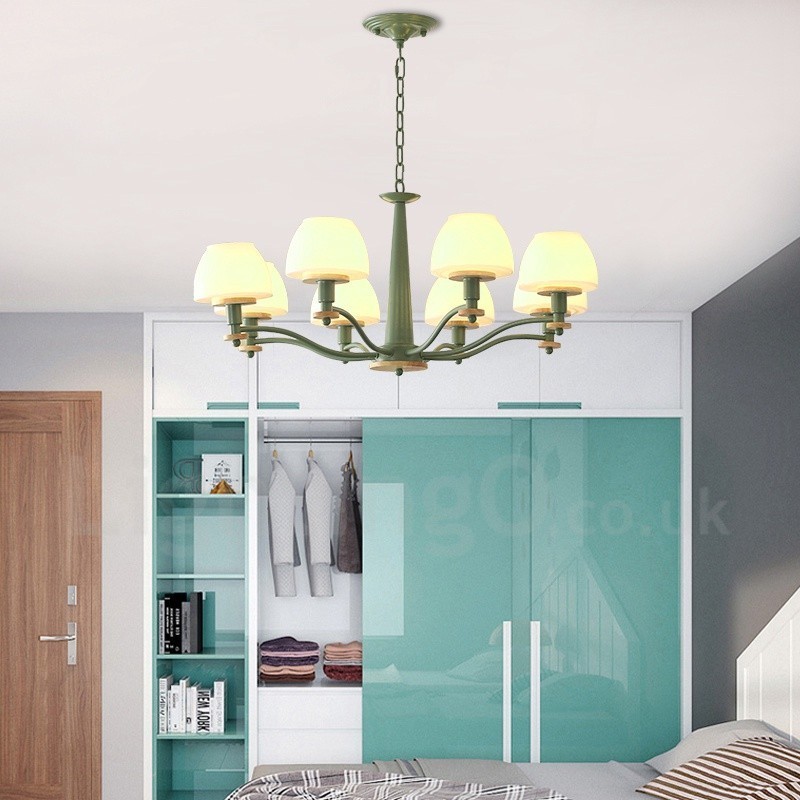 Lampadario a sospensione in legno multicolore stile nordico con paralumi in vetro, 6 o 8 luci E14