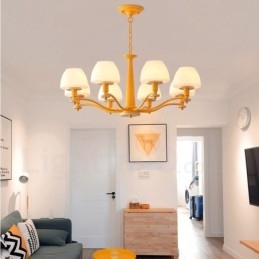 Lampadario a sospensione in legno multicolore stile nordico con paralumi in vetro, 6 o 8 luci E14