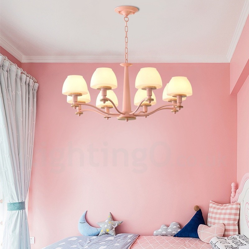 Lampadario a sospensione in legno multicolore stile nordico con paralumi in vetro, 6 o 8 luci E14