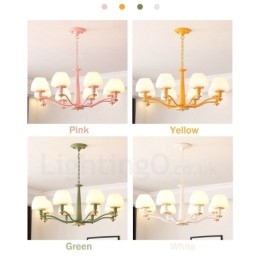 Lampadario a sospensione in legno multicolore stile nordico con paralumi in vetro, 6 o 8 luci E14