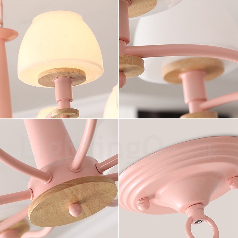 Lampadario a sospensione in legno multicolore stile nordico con paralumi in vetro, 6 o 8 luci E14