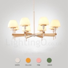 Lampadario a sospensione moderno nordico in legno multicolore, paralumi in vetro, 6 o 8 luci E14