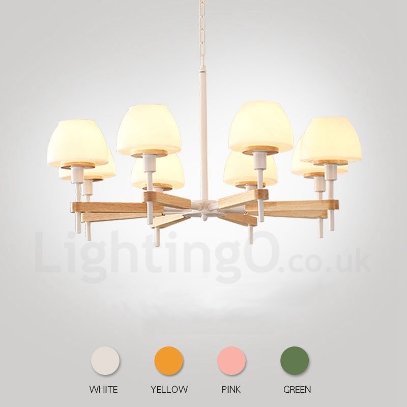 Lampadario a sospensione moderno nordico in legno multicolore, paralumi in vetro, 6 o 8 luci E14