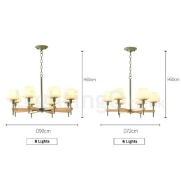 Lampadario a sospensione moderno nordico in legno multicolore, paralumi in vetro, 6 o 8 luci E14