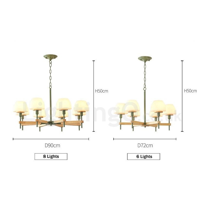 Lampadario a sospensione moderno nordico in legno multicolore, paralumi in vetro, 6 o 8 luci E14