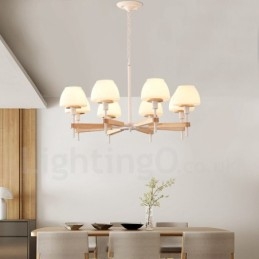 Lampadario a sospensione moderno nordico in legno multicolore, paralumi in vetro, 6 o 8 luci E14